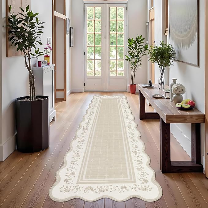Garvee 2x6 Runner Rug Scalloped Kitchen Runner Rug Entryway Runners Beige | Washable Non Slip Modern Bordered Foldable Thin Accent Carpet Low Pile Soft Nursery Rugs for Hallway Bathroom Bedside Laundry