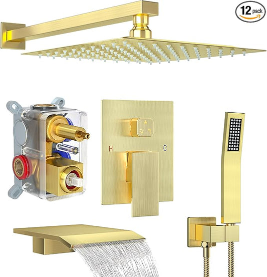 Shower System with Tub Spout, 12-Inch High-Pressure Rain Showerhead and Handheld Combo, Brushed Gold Shower Faucet Set with Rough-in Valve and Trim Kit, Wall Mounted All-Metal Shower Set