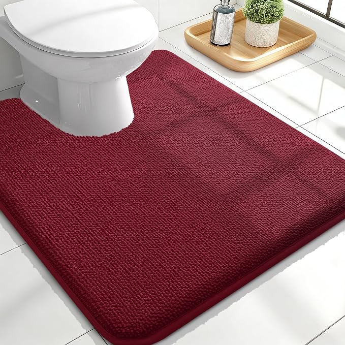 OLANLY Memory Foam Bathroom Toilet Rugs U-Shaped 24x20,Soft Mat, Burgundy | Quick Dry Bath Rugs, Non-Slip, Machine Washable Absorbent Carpet for Bathroom Floor, Tub and Shower, Home Decor Accessories