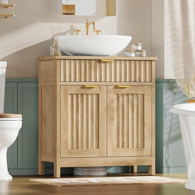 Pedestal Sink Storage Cabinet with 2 Doors and Drawer, Bathroom Sink Cabinet with U-Shape Cut-Out, Fluted Pedestal Sink Cabinet, Natural Oak