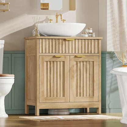 Pedestal Sink Storage Cabinet with 2 Doors and Drawer, Bathroom Sink Cabinet with U-Shape Cut-Out, Fluted Pedestal Sink Cabinet, Natural Oak
