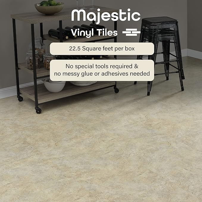 Majestic Self Adhesive 18-Inch Square Vinyl Floor Tiles, 10 Tiles - 18" x 18", Ghibli Beige Granite Pattern - Peel & Stick, DIY Flooring for Kitchen, Dining Room & Bathrooms by Achim Home Decor