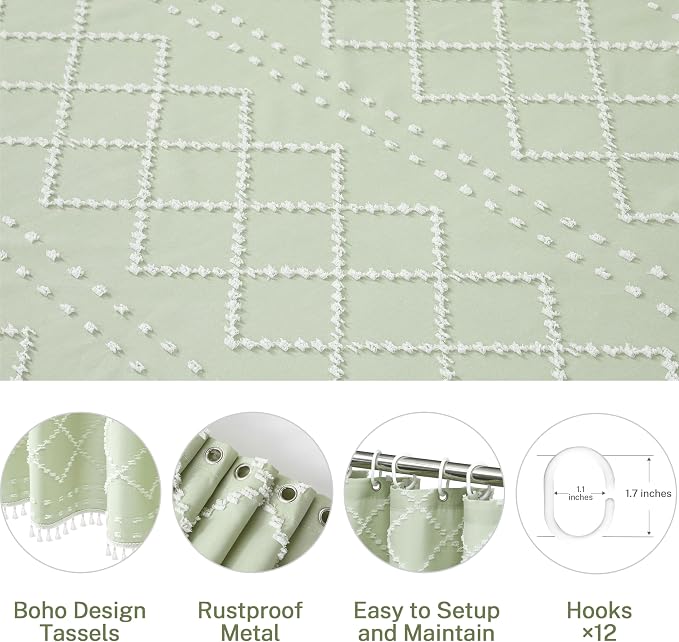 Siiluminisoy Boho Green Shower Curtain Woven Fabric Cute Shower Curtain with Tassel, 72 x 72 Tufted Chevron Textured Striped Modern Farmhouse Minimalist Cloth Shower Curtain for Bathroom