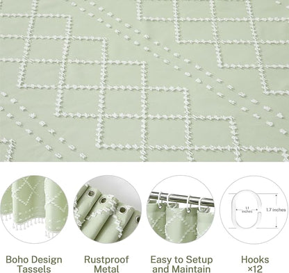 Siiluminisoy Boho Green Shower Curtain Woven Fabric Cute Shower Curtain with Tassel, 72 x 72 Tufted Chevron Textured Striped Modern Farmhouse Minimalist Cloth Shower Curtain for Bathroom