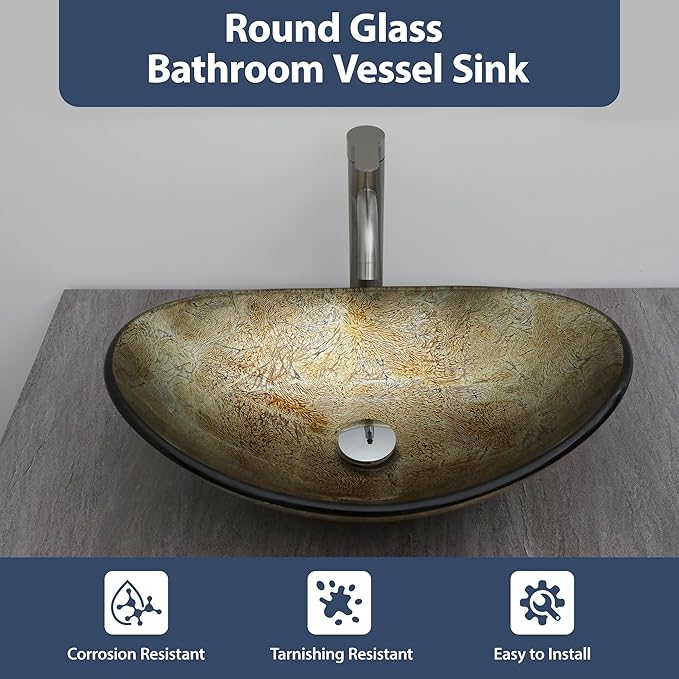 Logmey 21" Glass Bathroom Vessel Sink Vanity Countertop Oval Bowl with Chrome Pop up Drain Set,Glass Art Basin,Blood Plasma Silver Foil