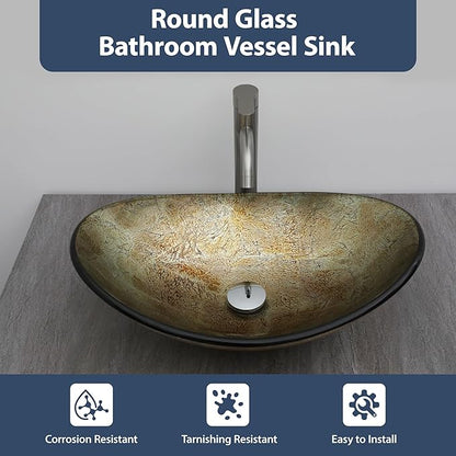 Logmey 21" Glass Bathroom Vessel Sink Vanity Countertop Oval Bowl with Chrome Pop up Drain Set,Glass Art Basin,Blood Plasma Silver Foil