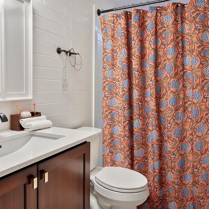 MUGINYU Boho Burnt Orange Floral Shower Curtain - 72x72 Inches,Cotton Blend Cloth Fabric, Botanical Coral Block Print Pattern for Rustic Farmhouse Frenchy Bathroom