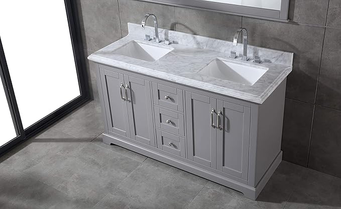 Mareo 60" Solid Wood Double Sink Bathroom Vanity | Marble Countertop & Backsplash | Soft Closing Doors & Drawers | Nickel Brushed Handles | Grey Cabinet & Undermount Ceramic Sink Top | Pre-Assembled