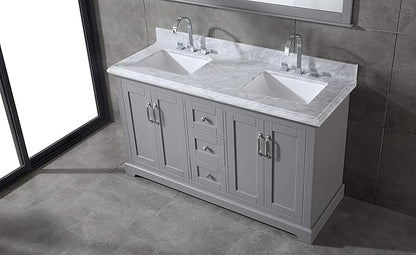 Mareo 60" Solid Wood Double Sink Bathroom Vanity | Marble Countertop & Backsplash | Soft Closing Doors & Drawers | Nickel Brushed Handles | Grey Cabinet & Undermount Ceramic Sink Top | Pre-Assembled