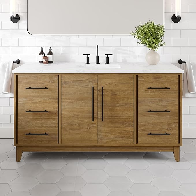 Eviva Graham 60 in. Oak Single Sink Bath Vanity with Arabescato Engineered Stone Top and Undermount Porcelain Sink