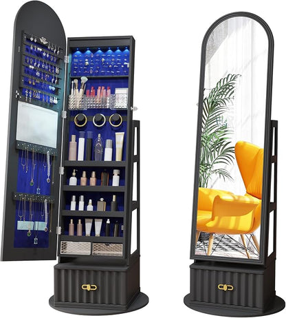 63" Full Length Mirror Jewelry Cabinet with Storage – Rotating, Lockable Jewelry Armoire with Velvet Lining, Standing Organizer for Women – Ideal Gift for Jewelry Storage & Display, Black