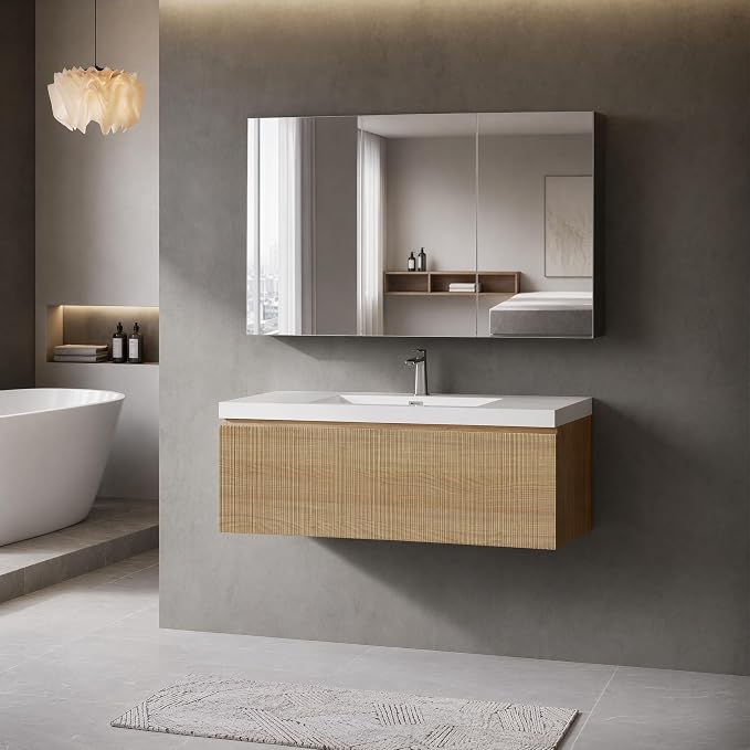 Floating Bathroom Vanity, 42" Wall Mounted Bathroom Cabinet with Glossy White Stone Resin Sink & U-Shaped Soft-Close Drawer, Pre-Assembled Striped Storage Vanity for Bathroom, Natural Wood