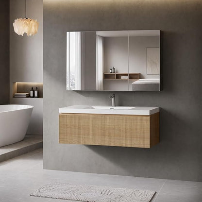 Floating Bathroom Vanity, 42" Wall Mounted Bathroom Cabinet with Glossy White Stone Resin Sink & U-Shaped Soft-Close Drawer, Pre-Assembled Striped Storage Vanity for Bathroom, Natural Wood