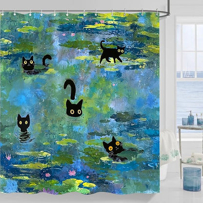 Accnicc Cute Cat Shower Curtain 84 Inch Extra Long Funny Fun Cool Cats Monet Shower Curtains for Bathroom Water Lilies Waterproof Fabric Bath Curtain Decor