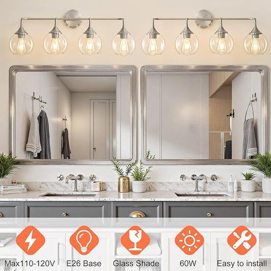 Bathroom Vanity Light with Clear Glass Shade, E26 Base 4-Light Bathroom Light Fixtures Over Mirror, 31 Inch Vanity Lights for Bath (Exclude E26 Bulb)