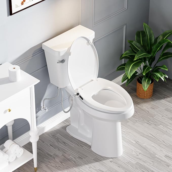 Bidet Toilet Seat, Soft Close Toilet Seat, Button control Feminine/Posterior Wash Switch, Knob Control Water Pressure,White Bidet Seat Attachment with Brass inlet (Elongated-D)