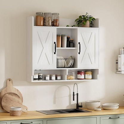 White Bathroom Wall Cabinet, Wall Mount Storage Cabinet, Floating Medicine Cabinet with 5 Open Shelves and 2 Deep Cabinets Over The Toilet for Laundry Room, Kitchen
