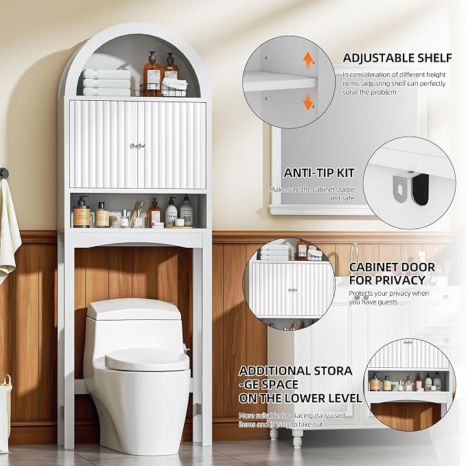 Spurgehom Arch Over The Toilet Storage Cabinet, Bathroom Organizer (White) | Freestanding Bathroom Shelf Equipped with Anti-Tipping Device, Space-Saving Vertical Toiletries Storage Cabinet
