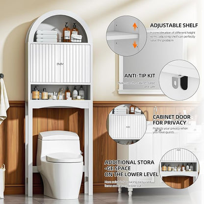 Spurgehom Arch Over The Toilet Storage Cabinet, Bathroom Organizer (White) | Freestanding Bathroom Shelf Equipped with Anti-Tipping Device, Space-Saving Vertical Toiletries Storage Cabinet
