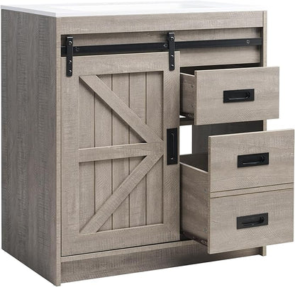AMERLIFE Farmhouse Bathroom Vanity with Sink Combo, 31in Sliding Barn Door Bathroom Vanity Cabinet Set with Storage Drawers, Metal Handles, Small Single Bath Storage Vanity Sink, Light Grey