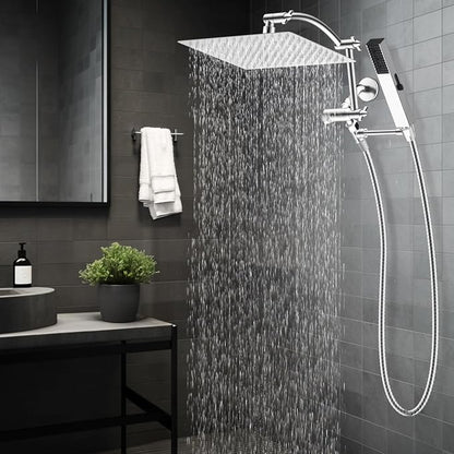 Hibbent All Metal CUPC Certified 12'' Rainfall Shower Head, Dual Shower Head Combo with 4 Handheld Sprays, High Pressure Shower Wand, 16'' Adjustable Extension Arm, 71'' Hose, Shower Holder, Chrome