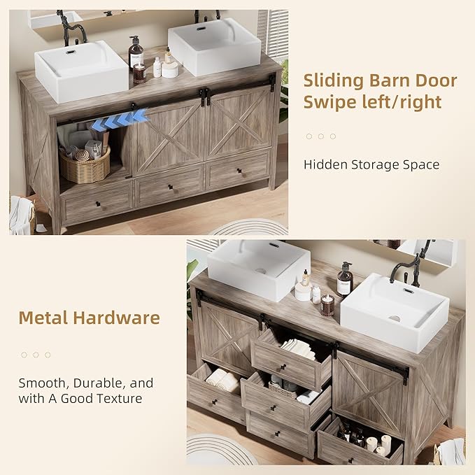 VNN Bathroom Vanity with Sink - 60 Inch Bathroom Vanity Double Sink Ceramic, Freestanding Cabinet with 2 Farmhouse Sliding Barn Doors and 5 Drawers, Space-Saving Storage Cabinet, Grey Wood Grain
