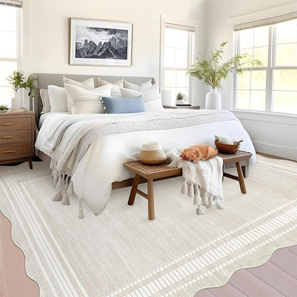 Garvee Scalloped Area Rug 9x12 Large Washable Rug for Living Room, Beige | Girls Rug for Bedroom, Non-Slip Soft Carpet for Bedroom, Scalloped Low-Pile Print Accent Rug for Dining Room Home Office
