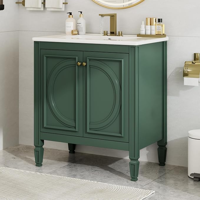 Christopher Knight Home Benton 30" Bathroom Vanity with Ceramic Sink, Wood Frame, Adjustable Shelves, Soft Close Door Hinges, Storage Cabinet with 2-Tier Door Organizer, 1 Drawer, Green