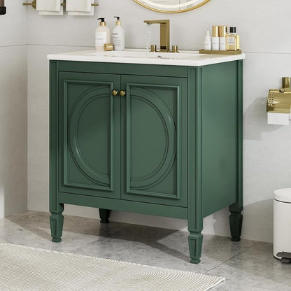 Christopher Knight Home Benton 30" Bathroom Vanity with Ceramic Sink, Wood Frame, Adjustable Shelves, Soft Close Door Hinges, Storage Cabinet with 2-Tier Door Organizer, 1 Drawer, Green