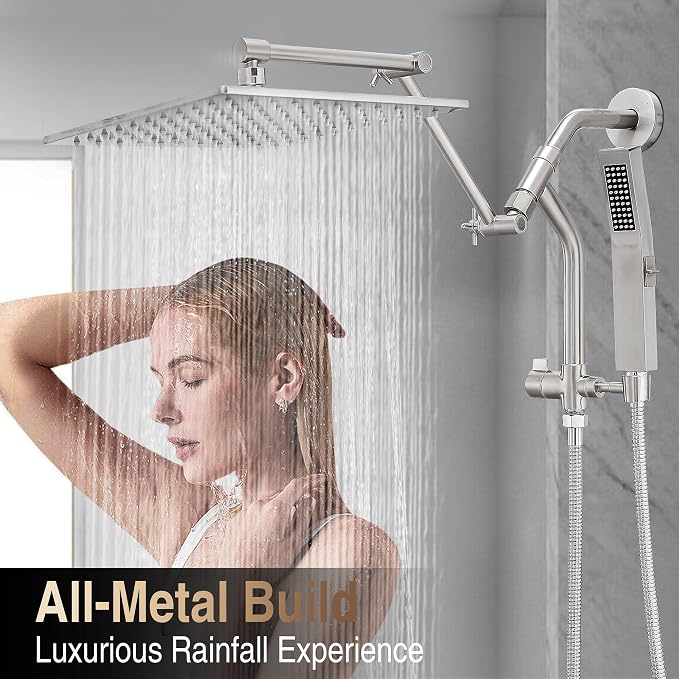 All Metal 10 Inch Rain Shower Head with Handheld Built-in Power Wash Mode, High Pressure Waterfall Rainfall Square Shower Heads with 16" Adjustable Extension Arm, Dual Showerhead(Brushed Nickel)
