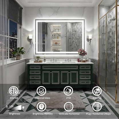 LED Mirror for Bathroom, 55x40 Inch Backlit + Front Lighted Bathroom Vanity Mirror with Lights for Wall, Double Light Strips, 3 Colors, Shatter-Proof, Anti-Fog and Brightness Memory