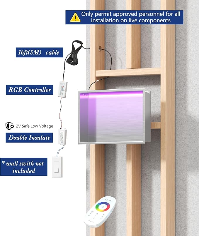 18X12 RGB Shower Niche, Brushed Nickel Stainless Steel LED Wall Niche, No Tile Needed Wall Cabinet for Bathroom Storage Built-in Installation