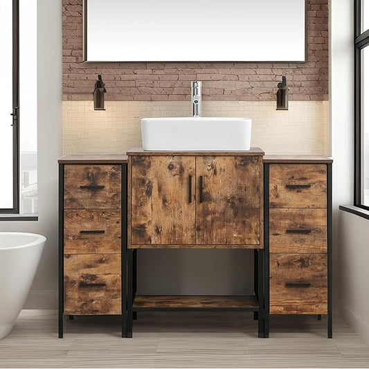 UEV 48" Antique Bathroom Vanity, Dark Brown Bathroom Vanity Set with Sink and 3 Drawers Side Cabinet Combo, Iron Wood Bathroom Cabinet with Adjustable Water Temperature Faucet (T03)