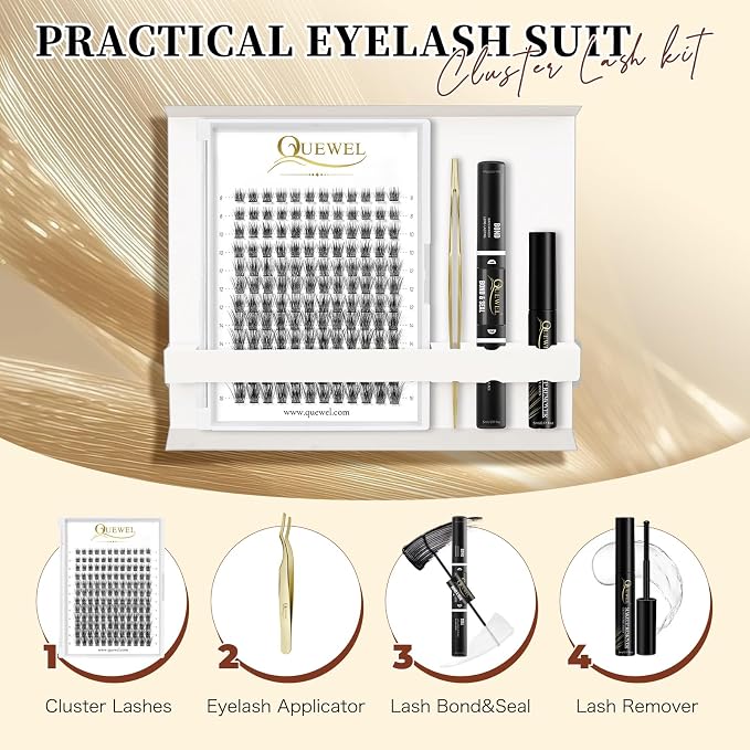 QUEWEL DIY Eyelash Extensions Kit, Lash Clusters 144 Pcs, Clusters Eyelash | Applicator Tool, Super Hold Cluster Lashes Bond and Seal, Clusters Lash Glue Remover Easy to Apply at Home(S012-Kit)