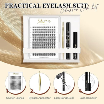 QUEWEL DIY Eyelash Extensions Kit, Lash Clusters 144 Pcs, Clusters Eyelash | Applicator Tool, Super Hold Cluster Lashes Bond and Seal, Clusters Lash Glue Remover Easy to Apply at Home(S012-Kit)