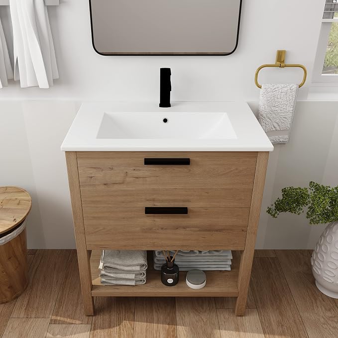 Free Standing Bathroom Vanity with Sink Modern 30" Bathroom Vanity with Top Basin&Storage Drawers Oak Wood Bath Vanity w/White Ceramic Sink for Small Bathroom Powder Room