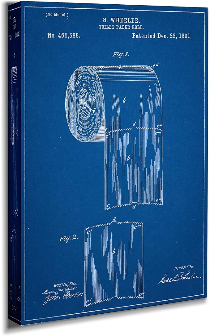 Renditions Gallery Toilet Paper Patent Drawing Gallery Wrapped Canvas Wall Art, 24x36, Blue Print