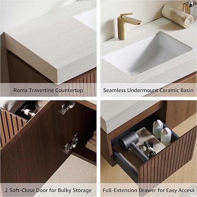 48” Floating Bathroom Vanity with Sink, Wall-Mounted Cabinet with Drawer & Doors, Roma Travertine-Pattern Countertop, Undermount Basin, Single Faucet Hole, Soft-Close, Pre-Assembled, Brown Oak