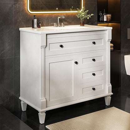 LIKIMIO 36 Inch Bathroom Vanity with Sink, Towel Holder & Adjustable Solid Wood Legs for Uneven Floor, Modern Bathroom Storage Cabinet with Tip-Out Drawer, 2 Drawers & Adjustable Shelf, White