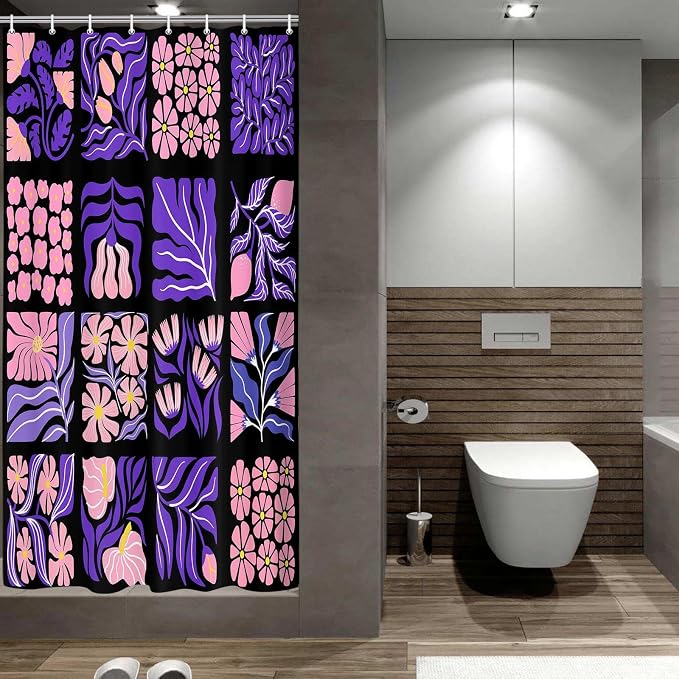 JAWO Retro Patchwork Floral Shower Curtain, Mid - Century Modern Boho Bathroom Decor with Pink and Purple Botanical Patterns, Waterproof Fabric Shower Curtain Sets with Hooks, 70X75IN