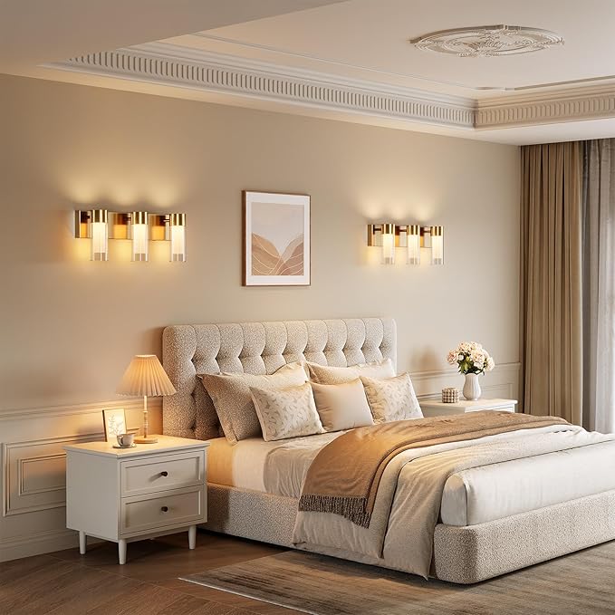 Tribesigns LED Bathroom Light Fixtures, 3-Light Vanity Lights Over Mirror, Wall Lights with 3 Color Modes & Gold Finish, Wall Sconces with Clear Glass Shades for Bathroom Hallway Bedroom