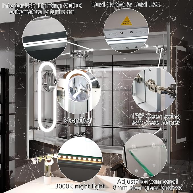 Smart LED Medicine Cabinet with Mirror, 30W×36H Inch Bathroom Storage Medicine Cabinet, 3 Color Stepless Dimming & Anti-Fog, 5X Magnifier, Night Light, 2 Doors, DTC Soft-Close Hinges