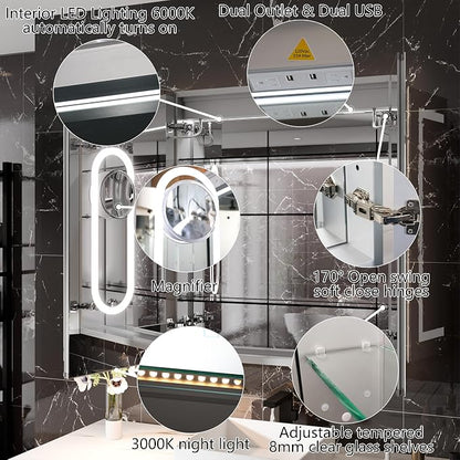 30"x36" Smart LED Medicine Cabinet with Mirror - Double Door Bathroom Storage, Anti-Fog, 3-Color Stepless Dimming, 5X Magnifier, Night Light, Soft-Close Hinges