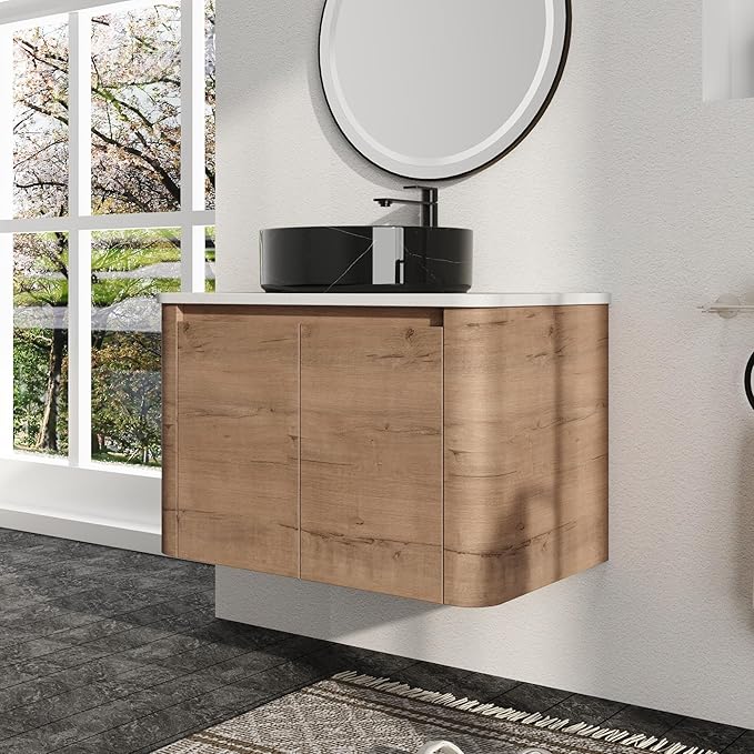 Malwee 30" Floating Bathroom Vanity with Sink, 30 Inch Wall Mounted Bathroom Cabinet Combo, Modern Single Sink Bath Storage Vanity Set, with 2 Soft Close Doors and Ceramic Vessel Basin Top(30-RR