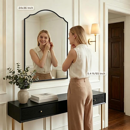 Besdomus Bathroom Mirrors for Over Sink: 24"x36" Black Wooden Arched Mirror | Classical Minimalist Scalloped Decorative Wall for Vanity/Dresser/Mantel/Bedroom/Entryway/Hallway/Fireplace/Nightstand