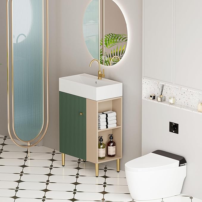 Merax 21.6" Small Bathroom Vanity with Sink Narrow Depth Bathroom Vanities,Wood Vanity Cabinet,Soft Closing Door,Freestanding Sink Cabinet W/Open Side Shelves,Green