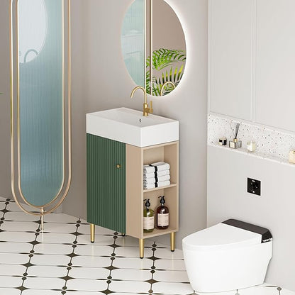 Merax 21.6" Small Bathroom Vanity with Sink Narrow Depth Bathroom Vanities,Wood Vanity Cabinet,Soft Closing Door,Freestanding Sink Cabinet W/Open Side Shelves,Green