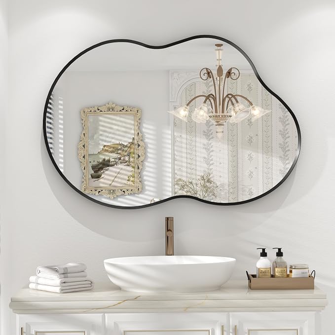 24x36 Inch Black Irregular Matte Bathroom Mirror | Black Asymmetrical Mirror for Wall Decor, Aluminum Alloy Frame, Cloud-shape, Shatterproof, Anti-Rust(Horizontally/Vertically)