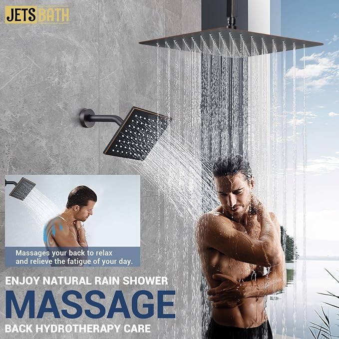 Thermostatic Dual Rainfall Head Oil Rubbed Bronze Shower System | Ceiling Mounted Full Body Shower Faucet Set with Thermostatic Valve for Couples/ 2-Person，16“+6”Shower Head & handheld