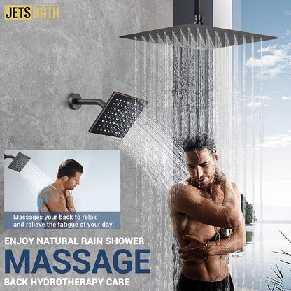Thermostatic Dual Rainfall Head Oil Rubbed Bronze Shower System | Ceiling Mounted Full Body Shower Faucet Set with Thermostatic Valve for Couples/ 2-Person，16“+6”Shower Head & handheld